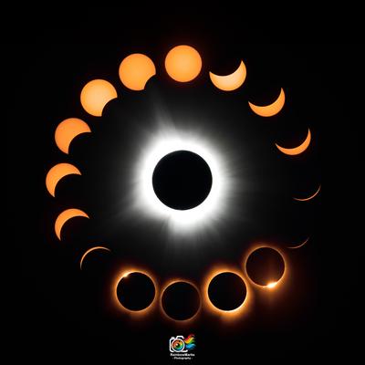 Circular composite of various stages of the April 8th, 2024 Total Eclipse from Trail of Tears State Park