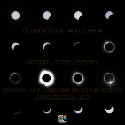 Square composite of various stages of the April 8th, 2024 Total Eclipse from Trail of Tears State Park